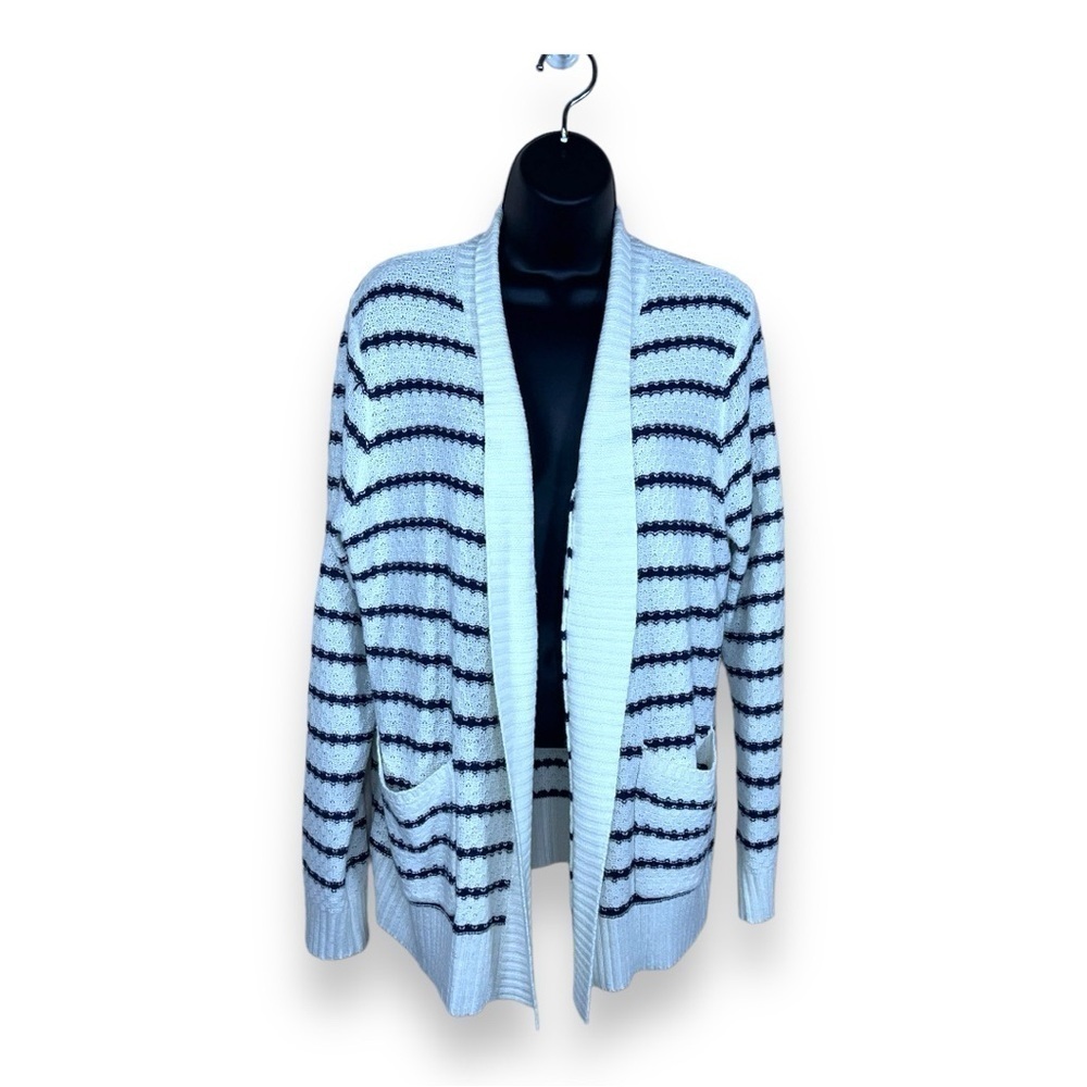 LARGE STACCATO BLUE WHITE STRIPED KNIT SWEATER LONG SLEEVE OPEN FRONT POCKETS